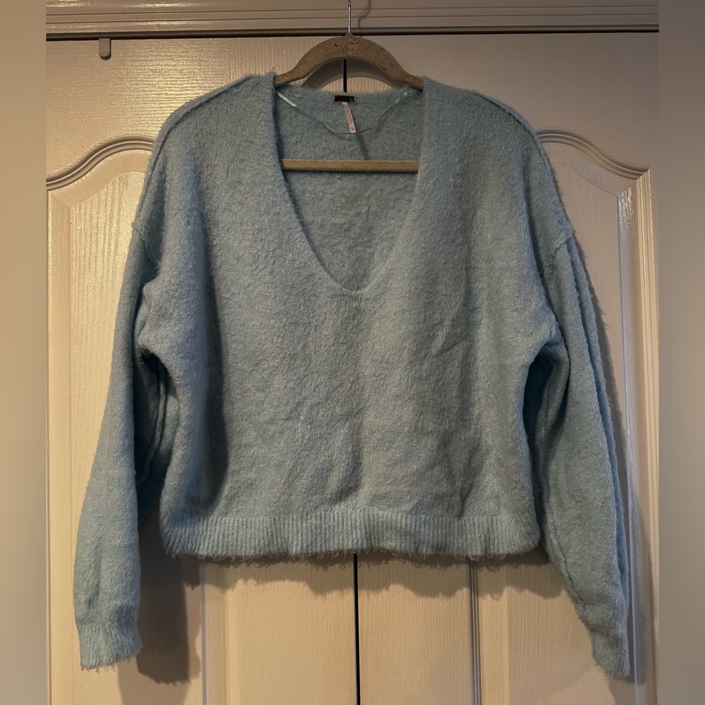 Free People Baby Blue Oversized V-Neck Sweater - Size XS